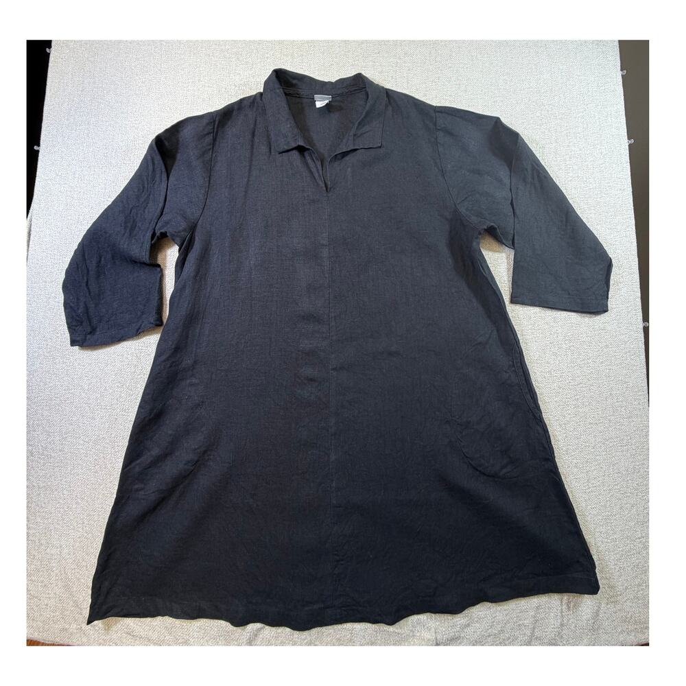 CTC Linens Women XL Black 100% Linen Long Sleeve Dress Minimalist Casual Style